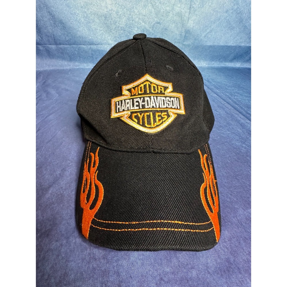 Harley Davidson Mens One Size Black Orange Flame Logo Adjustable Hat